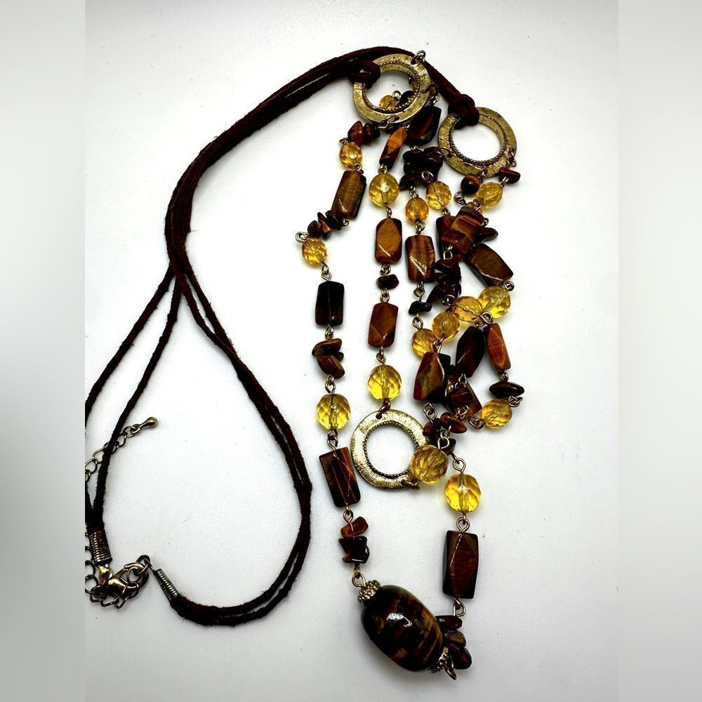 32" Suede cord with gold accents, glass beads and genuine tigers eye necklace!